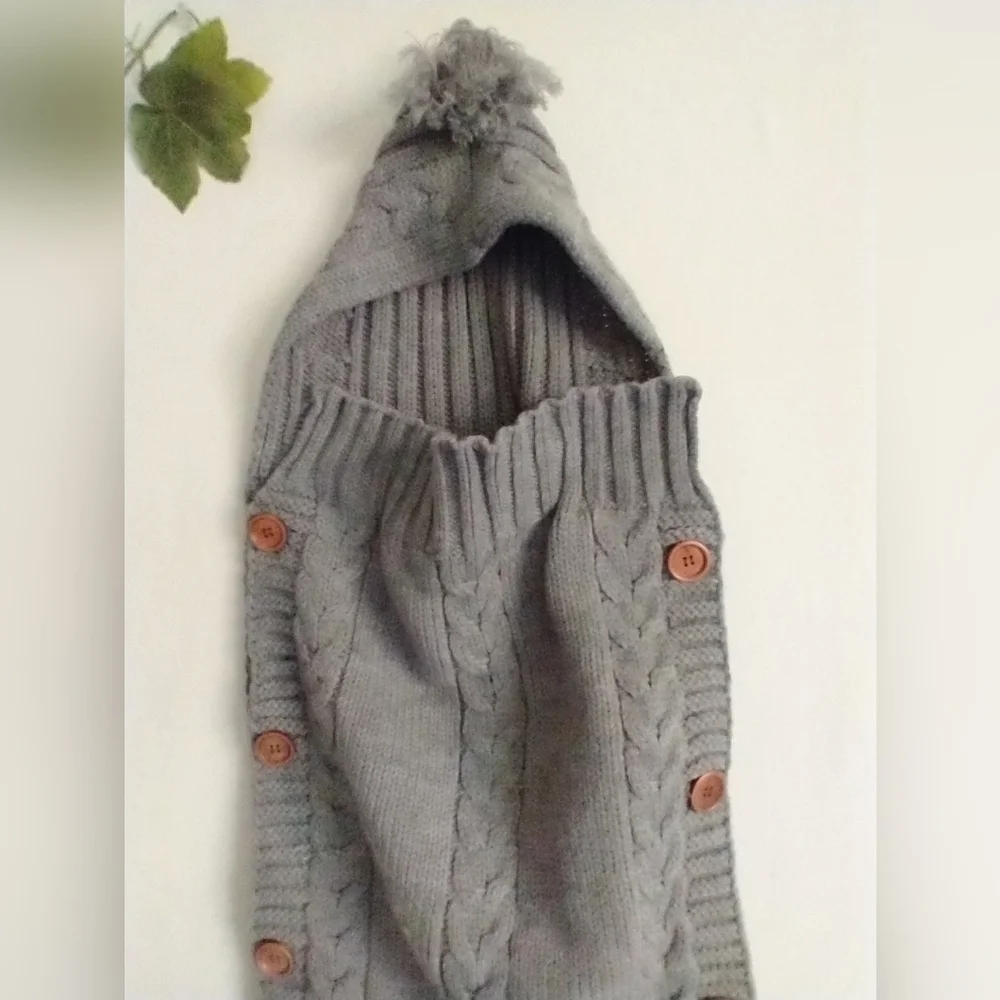 Newborn Baby Swaddle Blanket Knit Classic Preppy Cozy With Hood Gray - Picture 6 of 10